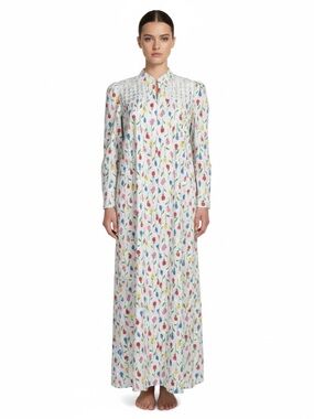 VTG 70s David Brown Saks Fifth Avenue White Floral 1/4 Zip House lounge Dress